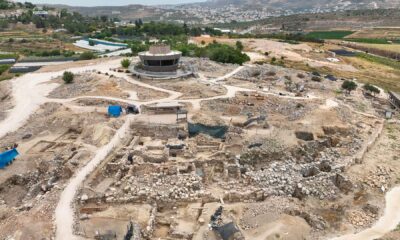 Aerial view of archaeological excavation site.