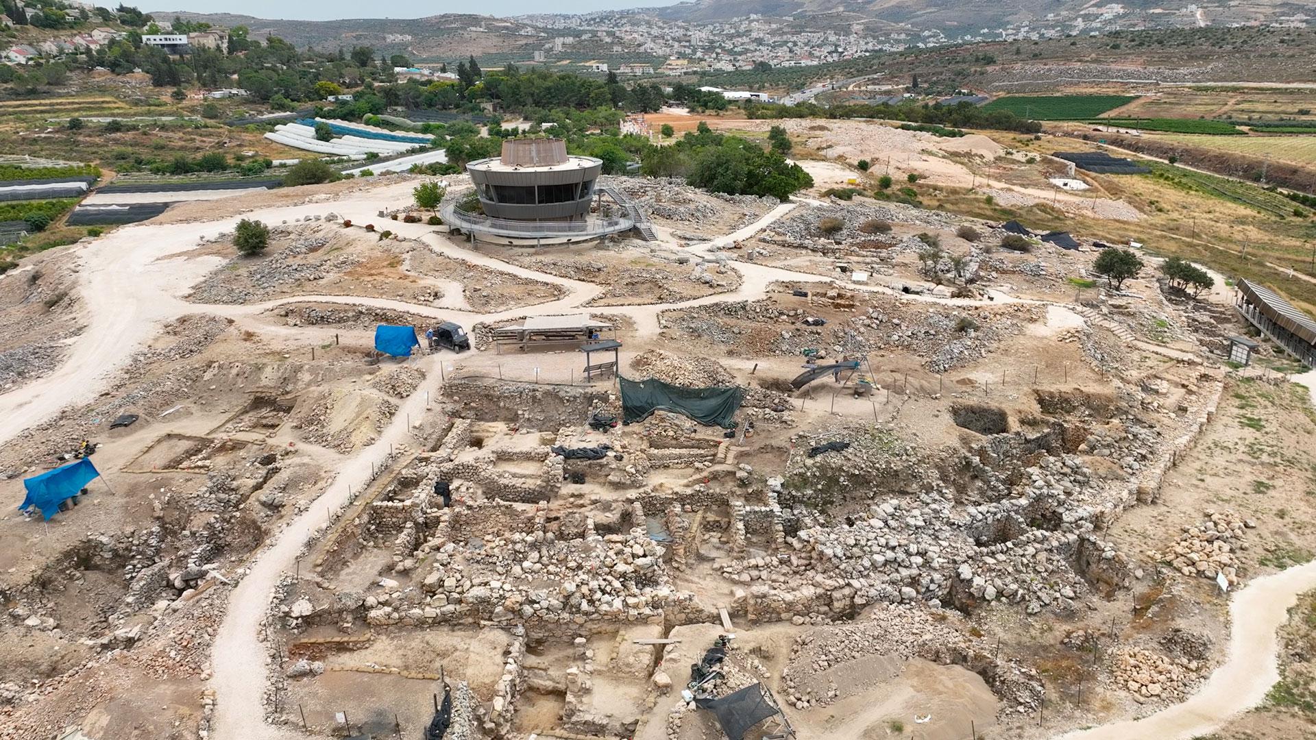 Aerial view of archaeological excavation site.